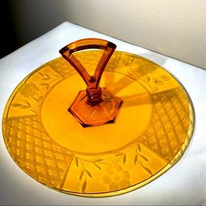 Vintage Amber Glass Serving Platter w/etching.